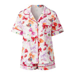 Women's Satin Christmas Pajama Set Short Sleeve Lapel Christmas Elements Print Shirt Shorts Two Pieces Sleepwear