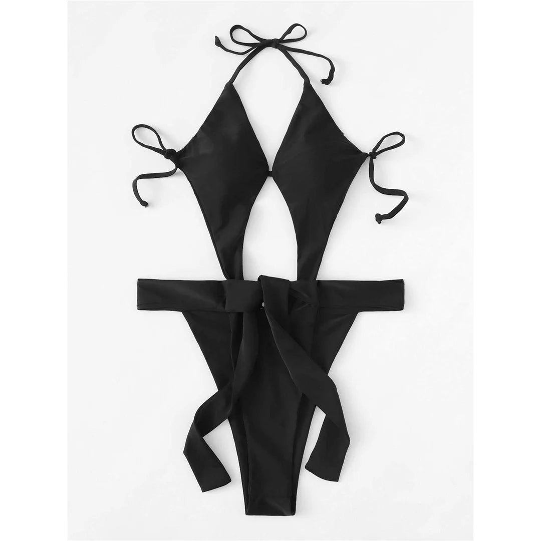 Sexy Cut Out Halter Trikini High Leg Cut One Piece Swimsuit Women Swimwear Female Monokini Padded Bather Bathing Suit Swim V7968