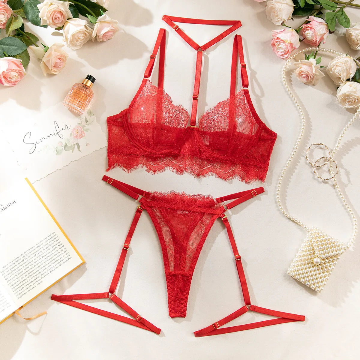 Toucheart Sexy Lingerie Suit Female Sexy See-through Lace Halter Bra SetAdjustable Leg Ring Set for Women Sexy Underwear New
