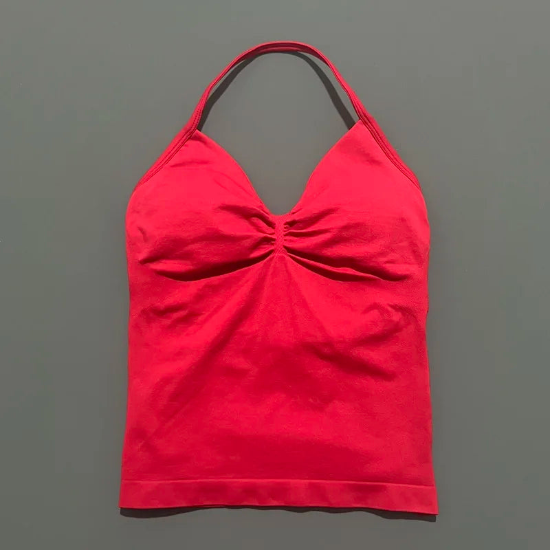 HISTELLO GYM Longline Strappy Top Women Seamless Yoga Clothing With Removable Pads V Neck Open Back Bra Workout Sports Halter