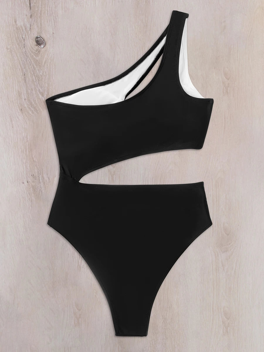 2026 One Shoulder Cut Out Swimsuit One Piece Solid Swimwear Women Bathers Bathing Swimming Swim Suit Female Beach Wear