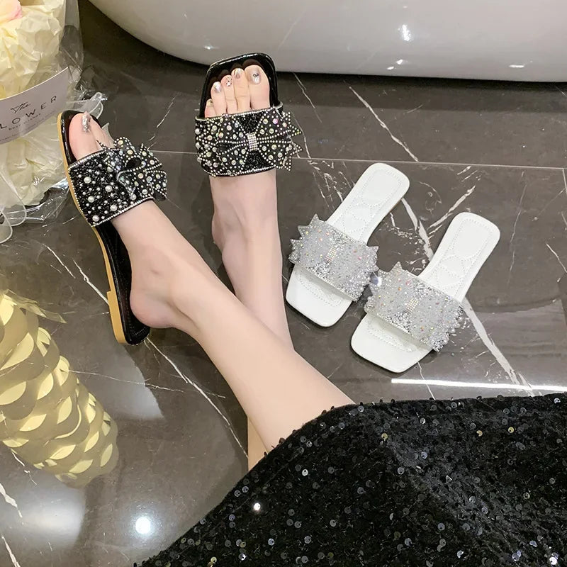 Women Summer ShoesNew Fashion Comfortable Non Slip Bow-knot Slippers Outdoor Soft Sole Rhinestone Dress Style Women Sandal