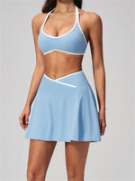 Summer New Outdoor Breathable Yoga Sets Women Color Block Shockproof Sports Bra Tennis Pleate Skirt Gym Workout Fitness Suits