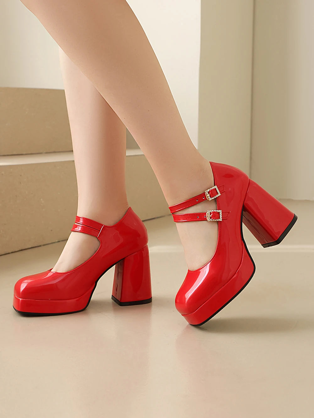 Women Silver Metallic Platform Mary Jane Shoes Double Rhinestone Buckle Chunky Block High Heels Y2K Vintage Square Toe Pumps