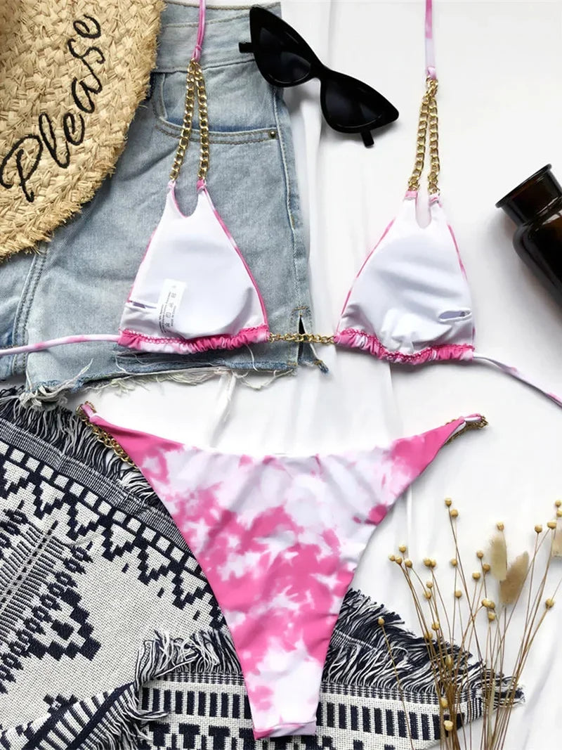 Sexy Cow Print Halter Metal Chains Brazilian Bikini Women Swimsuit Female Swimwear Two Pieces Bikini Set Bathing Suit Swim Lady