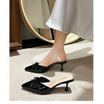 Patent Leather Bowknot Mule Slides Woman Pointed Toe Kitten Heel Pump Sandals LadiesBright Color Evening Party Dress Shoes