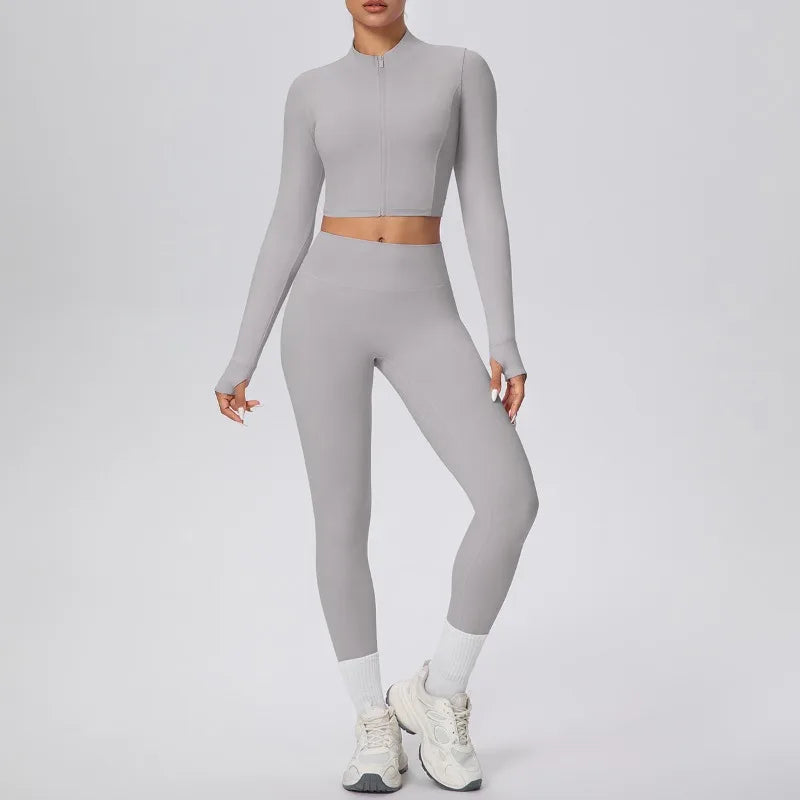 New Women Yoga Set Solid Color Double-Sided Brushed Bare Feel Short Long-Sleeve Jacket Tight Pants Running Fitness 2-Piece Set