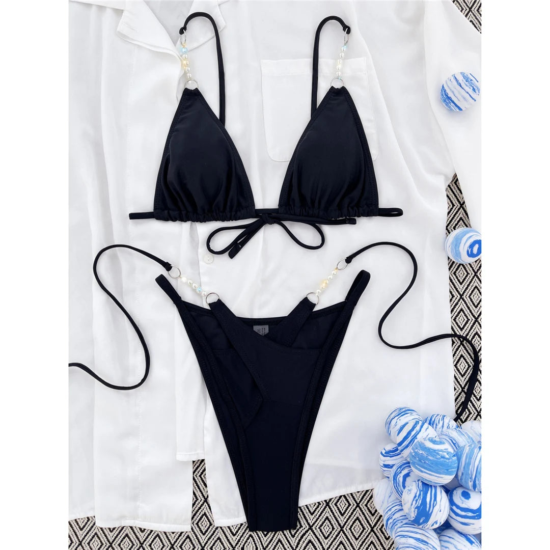 Sexy Halter Pearls Strappy Bikini Female Swimsuit Women Swimwear Two-Pieces Bikini Set High Cut Bather Bathing Suit Swim V5473