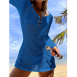 V Neck Long Sleeve Hollow Out Crochet Knitted Tunic Beach Cover Up Cover-ups Beach Dress Beach Wear Beachwear Female Women V7643