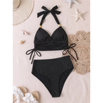 S - XXL 2026 Ribbed Halter Mid Waist Bikini Female Swimsuit Women Swimwear Two-Pieces Bikini Set Bather Bathing Suit Swim V6447
