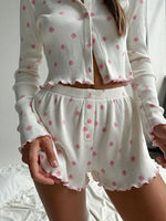 Women Ribbed Knitted Pajama Sets Floral Print Long Sleeve Top and Shorts Casual Loungewear Home Clothes Sleepwear