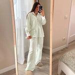 Women Autumn Winter Color Block Striped Pajama Set Skin Friendly Loose Long Sleeve Pants Two Piece Ladies Homewear Sleepwear