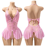 Pink Sexy Lingerie Women Hollow Open BodysuitAdult Apparel Teddy Crotchless Erotic Underwear One Piece V-neck Hot Lace Pajamas