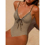 S - XL Striped Plaid V Neck Women Swimwear One Piece Swimsuit Female Frilled High Leg Cut Padded Bather Bathing Suit Swim V8288