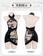 Chinese Traditional Lace Cheongsam Mini Dress Women Sexy Lingerie See-through Embroidery Halter Elegant Qipao Skirt