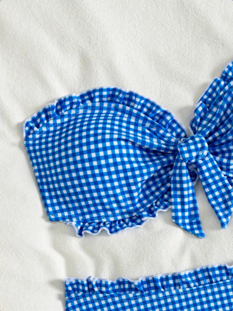 Vintage Coffee Plaid Print Bikini Set Women Bandeau Front Tie Push Up Bra High Waist Swimwear 2026 Beach Bathing Suit Swimsuit