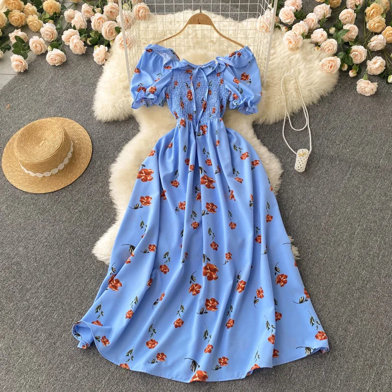 2025 Summer French Vintage Floral Dress Fashion Elegant High-Waisted Drawstring Vestidos Printed Fresh And Sweet Long Dresses