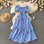 2025 Summer French Vintage Floral Dress Fashion Elegant High-Waisted Drawstring Vestidos Printed Fresh And Sweet Long Dresses
