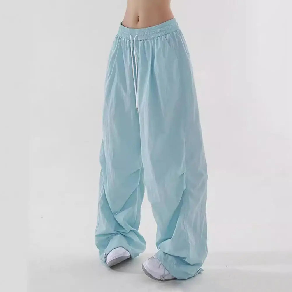 Women Sport Pants Wide Leg Elastic Waist Adjustable Drawstring Long Pants Solid Color Leisure Travel Cargo Trousers