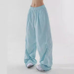 Women Sport Pants Wide Leg Elastic Waist Adjustable Drawstring Long Pants Solid Color Leisure Travel Cargo Trousers