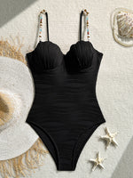 Vintage Blue Wave One Piece Swimwear Women 2026 Beading Strap Push Up Underwire Tummy Control Bathing Suit One Piece Swimsuit