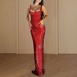 Women Prom Dress Sequin Low-cut Sleeveless Floor Length Evening Dress Solid Color Party Banquet Wedding Sheath Dress