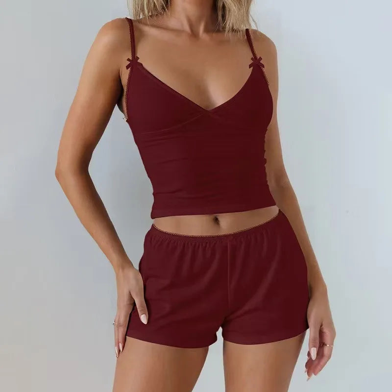 Summer New Women's Pajama Set with Bow Strap Shorts Casual Comfortable Soft Breathable Home Clothes Two Piece Set Y2K Hot