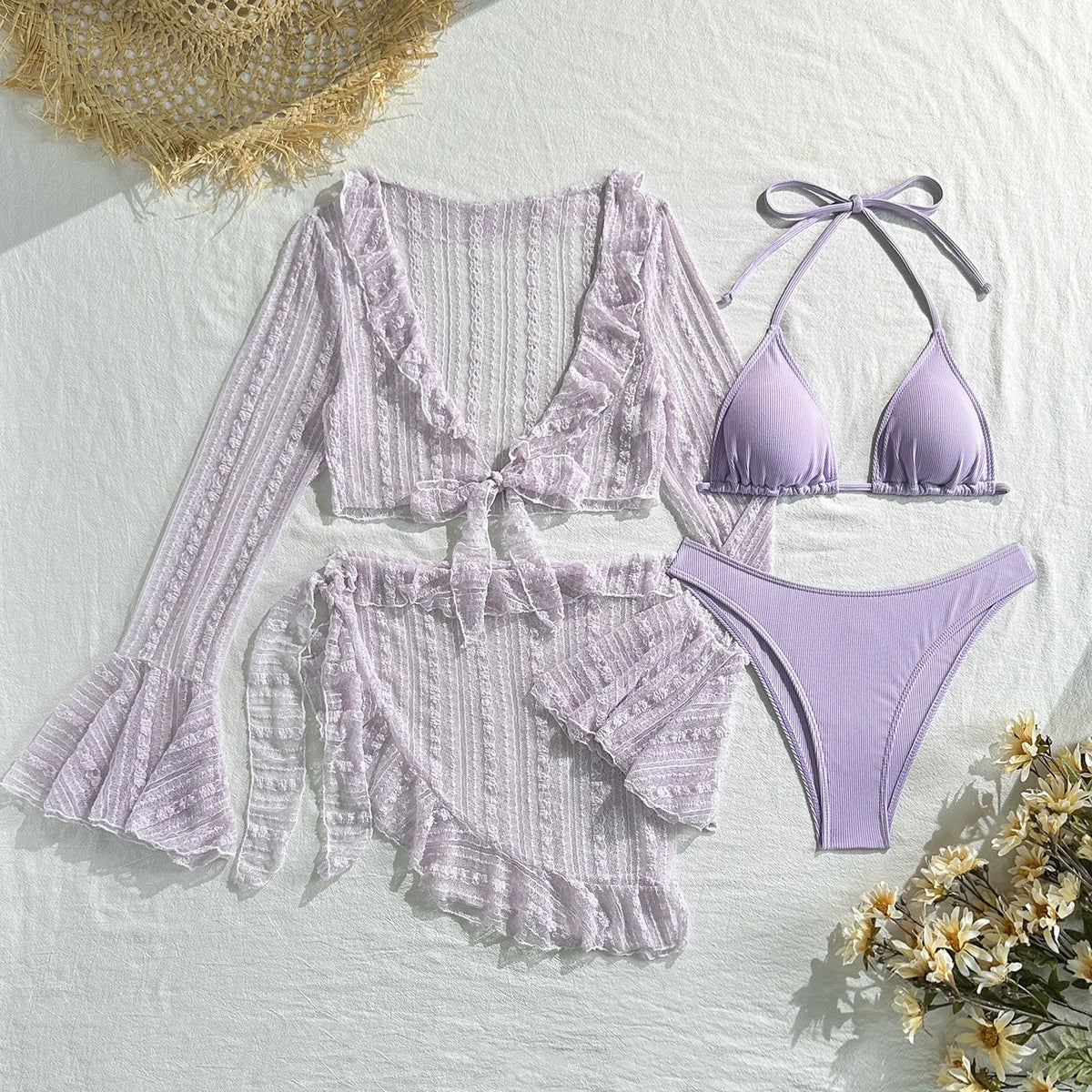 DEKA 4Pcs/Set Mesh Sheath Bikini Set Female Mini Camis Briefs Short Skirt Swimwear Fashion Drawstring Long Sleeve Boho Swimsuit