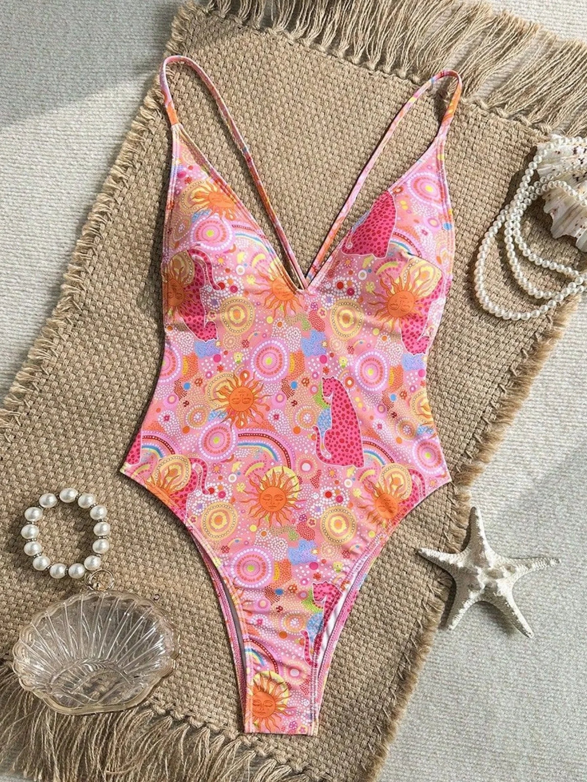 Sexy Pink Floral Print Swimwear Women 2026 Deep V Neck Slim Tummy Control One Piece Swimsuit Beach Hoiday Bathing Suit Monokini