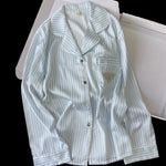 Women Ice Silk Striped Pajama Set Lapel Open Front Long Sleeve Top Long Pants Loose Pink White Light Blue Block Loungewear