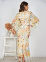 Foridol Hollow Out Lantern Sleeve Spring Women's Dress Printed Floral Midi Summer Dress 2025 V Neck Boho Yellow Sundress Party