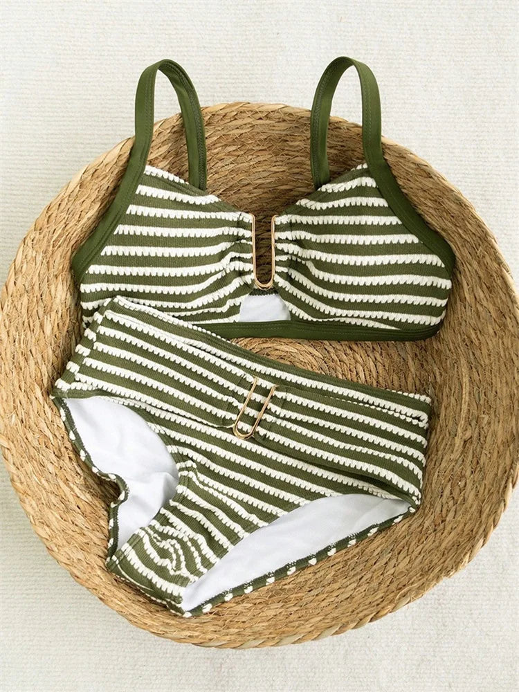 Sexy Black Striped Two Piece Bikini Set Women Metal U Neck Push Up Bra Belt High Waist Swimsuit Beach Bathing Suit Swimwear 2026