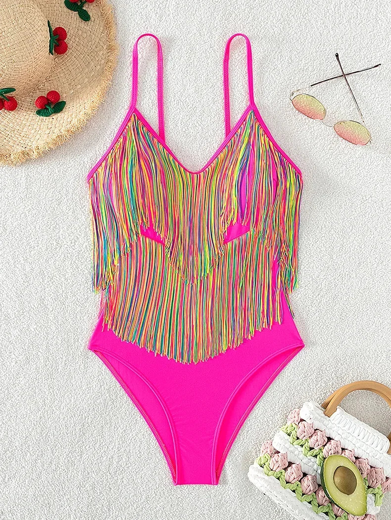 Colorful Tassel One Piece Swimsuit Women Sexy Hot Pink Push Up Tummy Control Swimwear Beach Backless Bathing Suit Monokini 2024