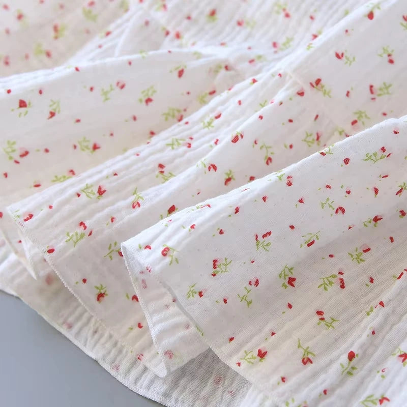 Women's 100% Cotton Crepe Gauze Nightgown Floral Sleeveless Spaghetti Strap Knee-Length Summer Home Sleep Dress M-XL