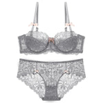 French Lace Thin Cup Underwear Set Sexy Women 1/2 Cup Push Up Bra Set Fashion Embroidery Lingerie Plus Size Breathable Brassiere