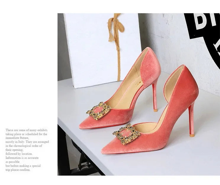Women 10cm Super High Heels Pointed Toe Side Hollow Work Pumps Metal Crystal Buckle Velvet Stiletto Fashion Banquet Lady Shoes