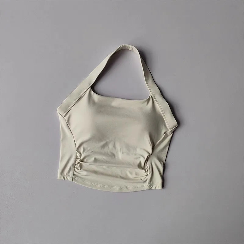 Women's Shock-Absorbing Yoga Sports Bra Neck Hanging Pleated Design Fitness Training Pilates Outdoor Vest Gathered Comfortable