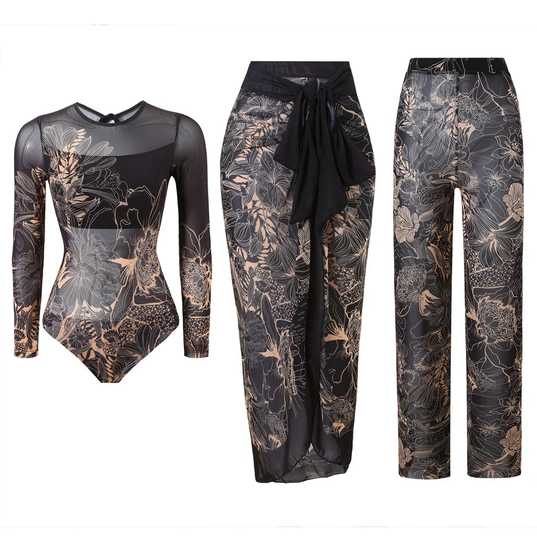 S - XXL 3PCS New Printed Long Sleeve With Pants Sarong Women Swimwear One Piece Swimsuit Female Bather Bathing Suit Swim V7180