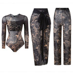 S - XXL 3PCS New Printed Long Sleeve With Pants Sarong Women Swimwear One Piece Swimsuit Female Bather Bathing Suit Swim V7180