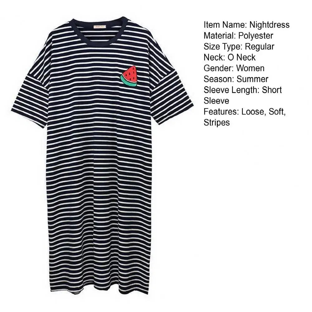 Women Summer Nightdress Short Sleeve Loose Breathable Comfortable Sleeping Polyester Stripes Print Night Robe Women Clothing