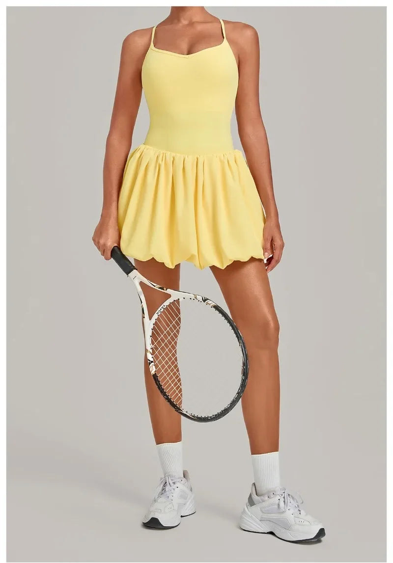 Women's Tennis Skirt Dress Sports Fitness Golf Beautiful Back Slim-fit One-Piece Training Workout Gym Anti-exposure Yoga Dress