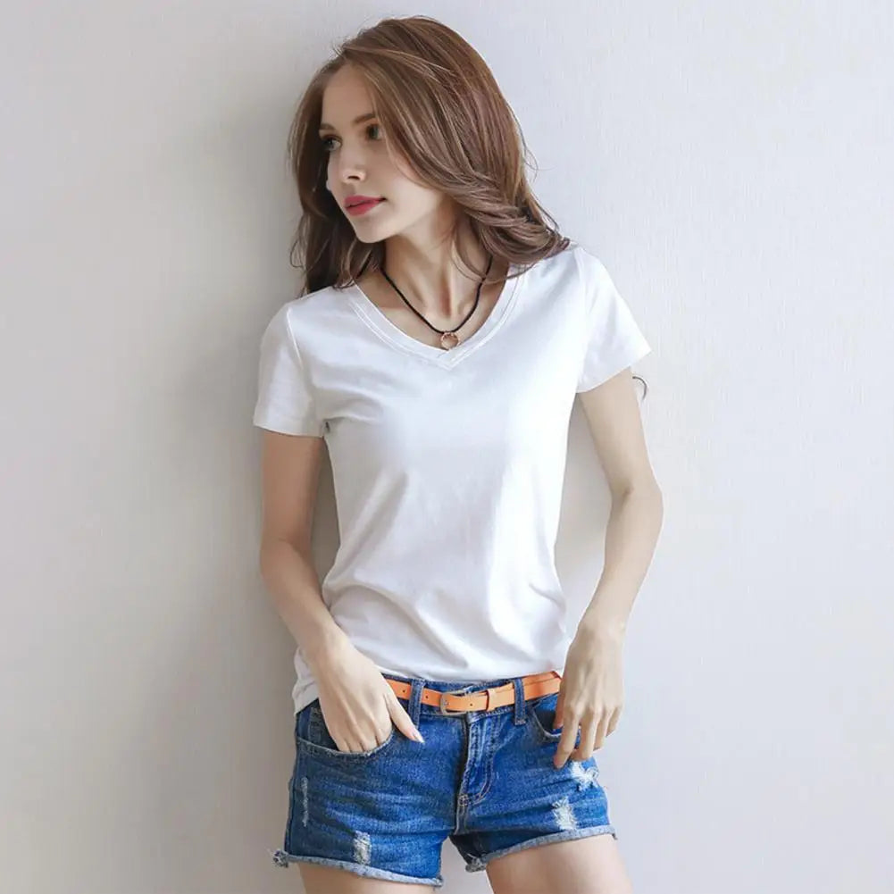 Women Summer T-shirt V-neck Short Sleeve Slim Fit T-shirt Solid Color Pullover Tops Women Bottoming Shirt Streetwear