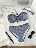 Vintage Coffee Plaid Print Bikini Set Women Bandeau Front Tie Push Up Bra High Waist Swimwear 2026 Beach Bathing Suit Swimsuit