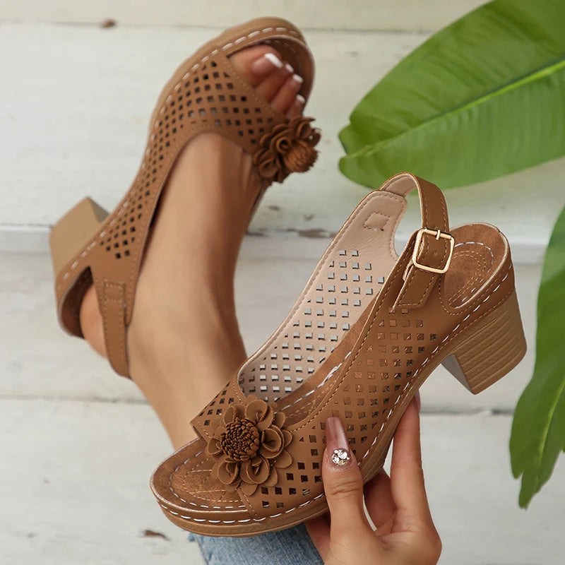 Fashion Flowers High Heels Sandals Women Back Strap Hollow Out Summer Sandles Woman 2025 Plus Size Thick Heeled Sandalias Mujer