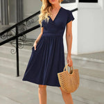 Women Dress Short Sleeve V-Neck Flowy Dress Casual Pleated A-line Swing Dress with Pockets Summer Beach Sundress