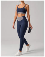 Summer Color-block Yoga Sets Women Thin Strap Open Back Shockproof Sports Bra Tight High Waist Leggings Training Fitness Suits