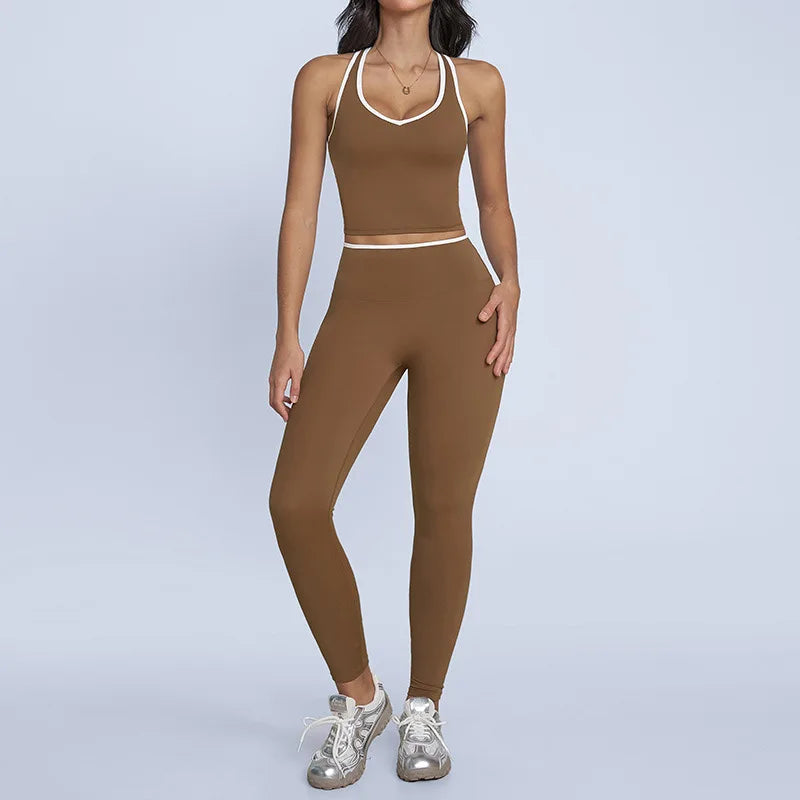Tight Naked Yoga Shorts Suit Women Double Strap Sports Bra High Waist Flare Leggings Fitness Suit Gym Running Workout Clothes