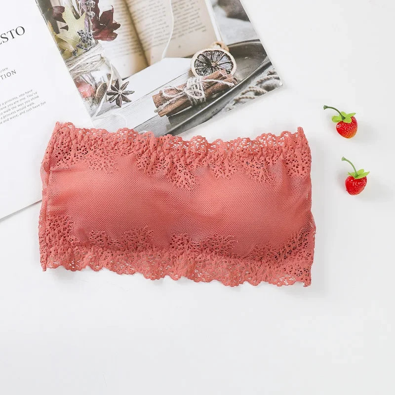 Women Floral Lace Tube Top Wireless Bra Sexy Lingerie Strapless Bralette Solid Color Crop Top Female Padded Bandeau Padded Bra