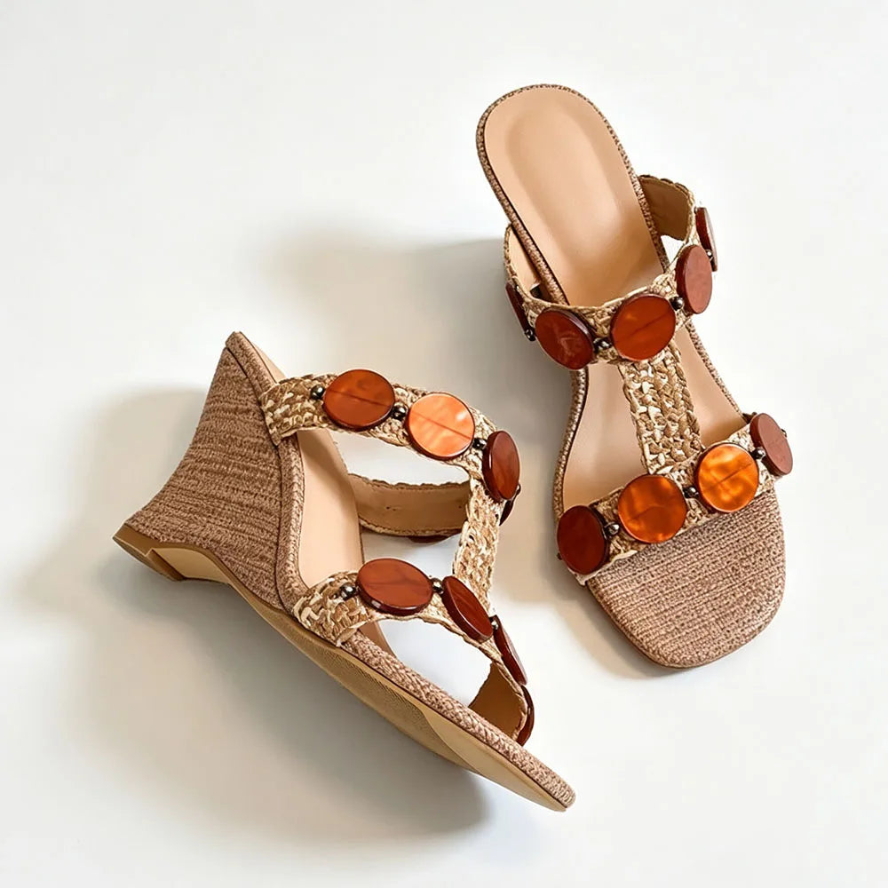 Boho Raffia Comfortable 8cm High Heels Wedge Slide Mules T-Strap Vacation Beach Straw Heels Espadrille Wedge Sandals Women Shoes