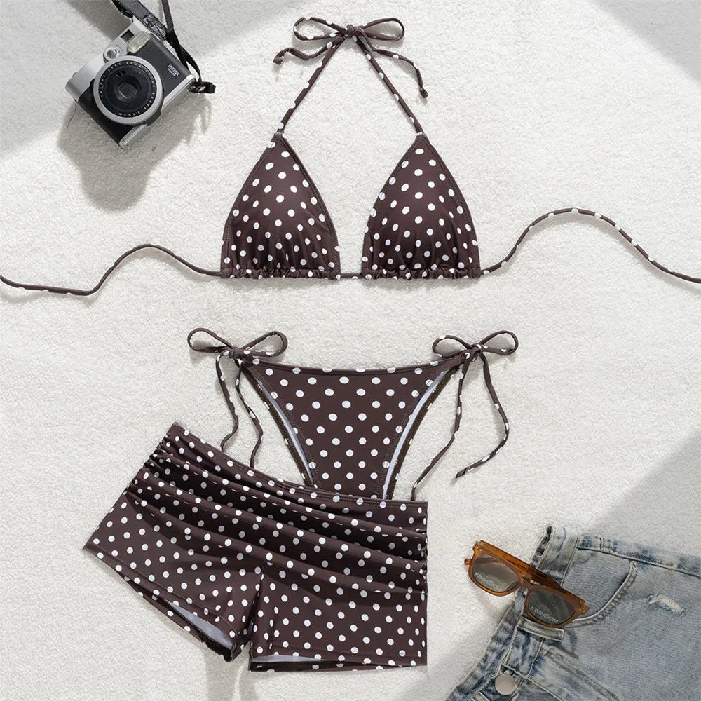 White Dot Print Micro Thong 3 Piece Bikinis Sets Bottoms Shorts Swimwear Sexy Swimsuit Woman 2026 Halter String Triangle Bikini